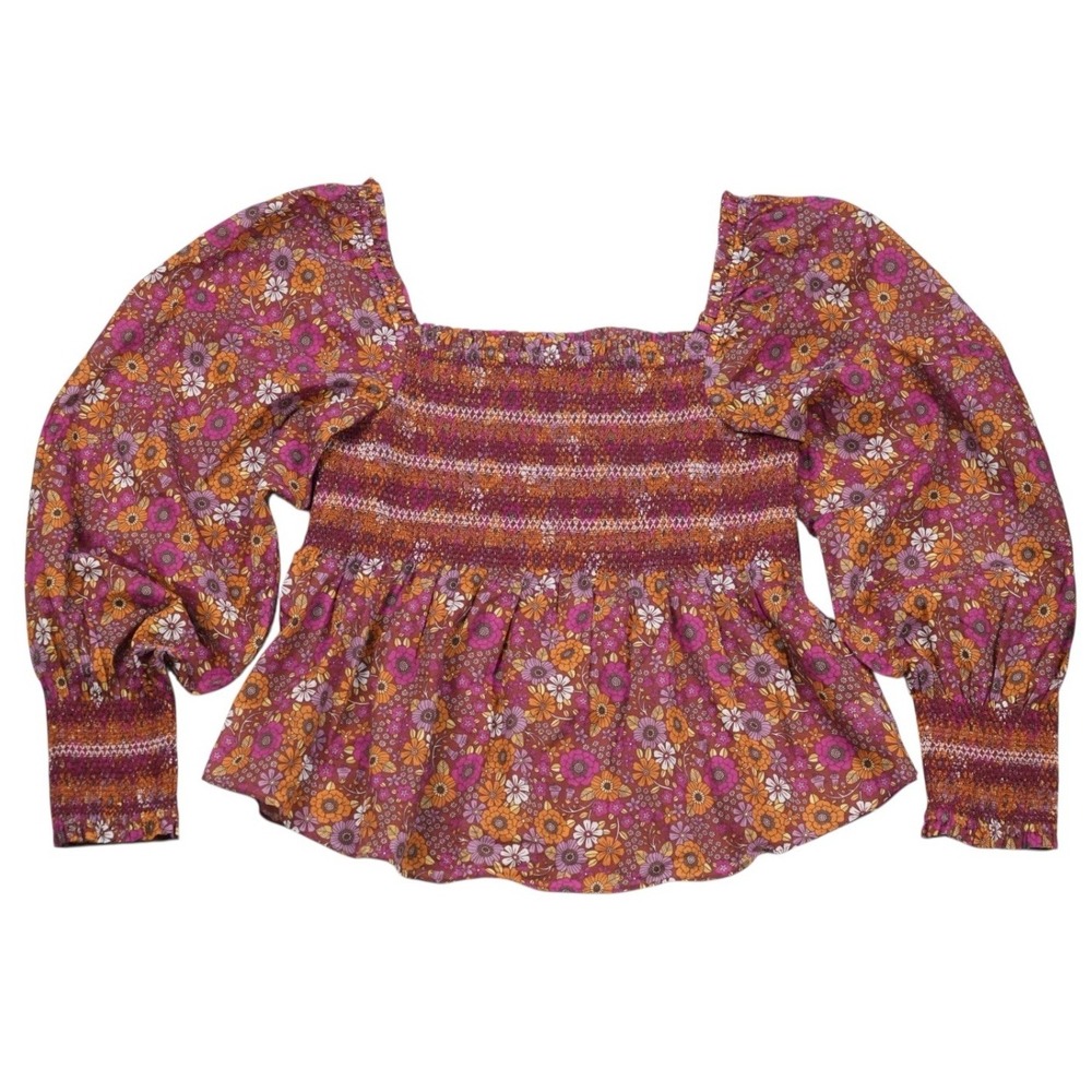 Hale Bob Womens Boho Floral Smocked Peplum Top Puff Sleeve Square Neck Festival